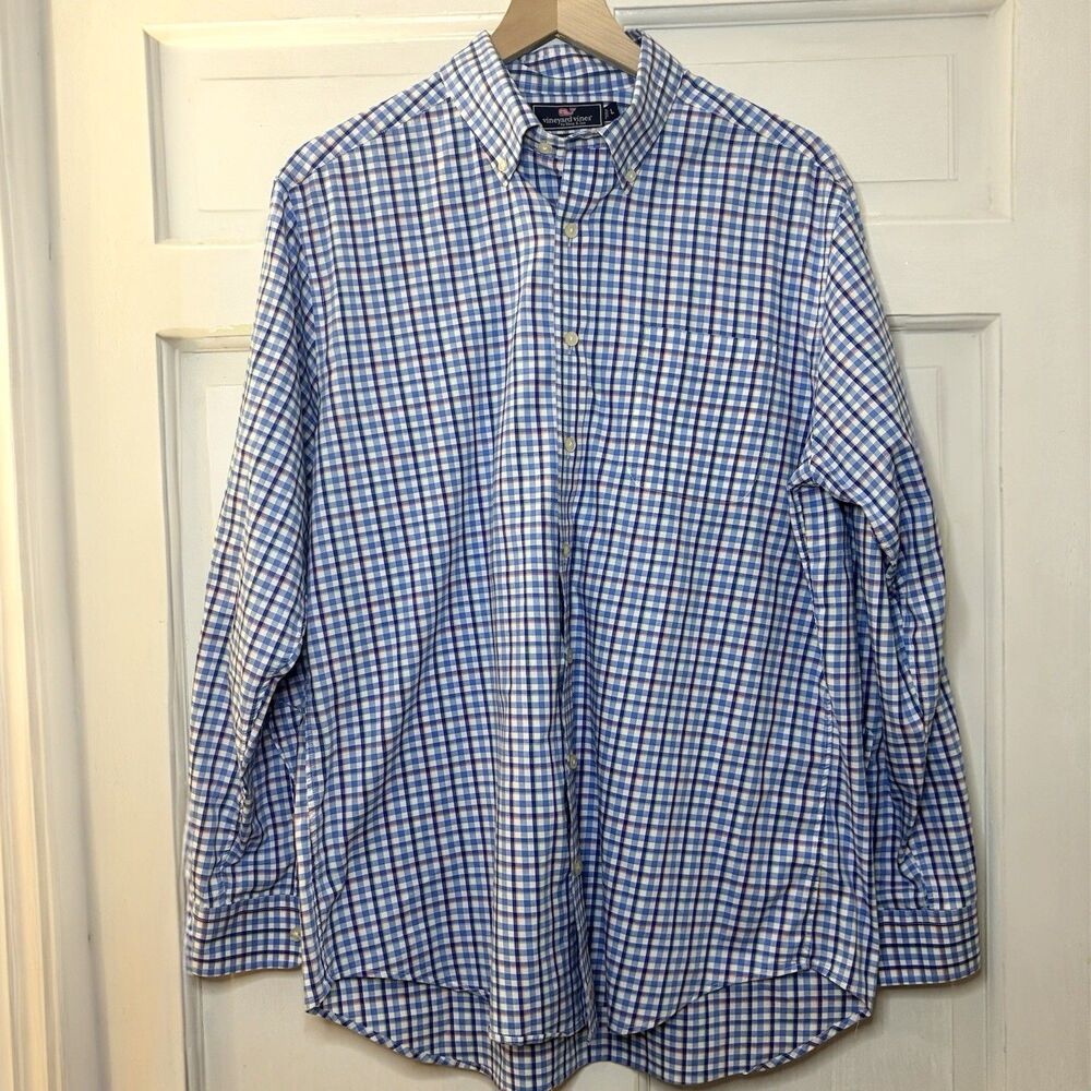 Vineyard Vines Slim Fit Men's Large Blue White Plaid Long Sleeve Murray Shirt - Picture 5 of 8